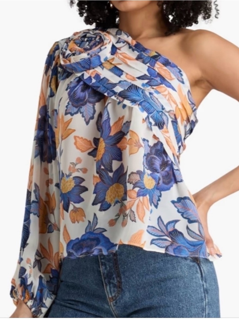 FARM Rio One-Shoulder Floral Blouse in Blue, Tan & Cream